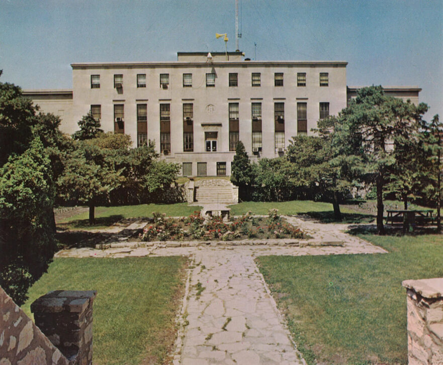 10 East façade of City Hall, with Sunken Rose Garden in the foreground, circa 1971.