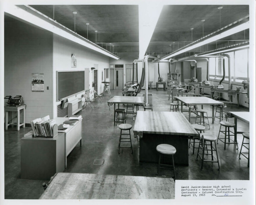 13 Shop classroom and work stations, note the filtration system and concrete ceilings, circa 1965