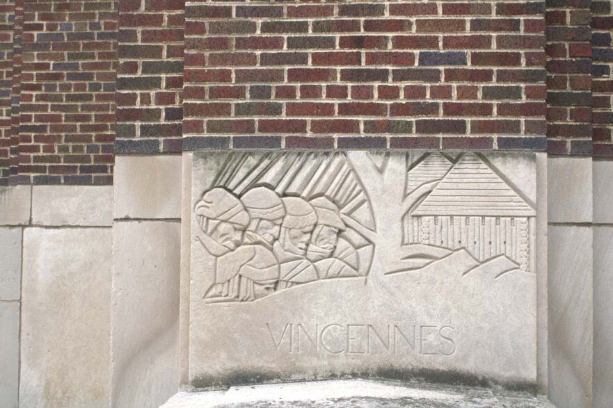 130 Relief depicting Vincennes set into the north entrance on 119th Street in the 1938 addition, circa 2021
