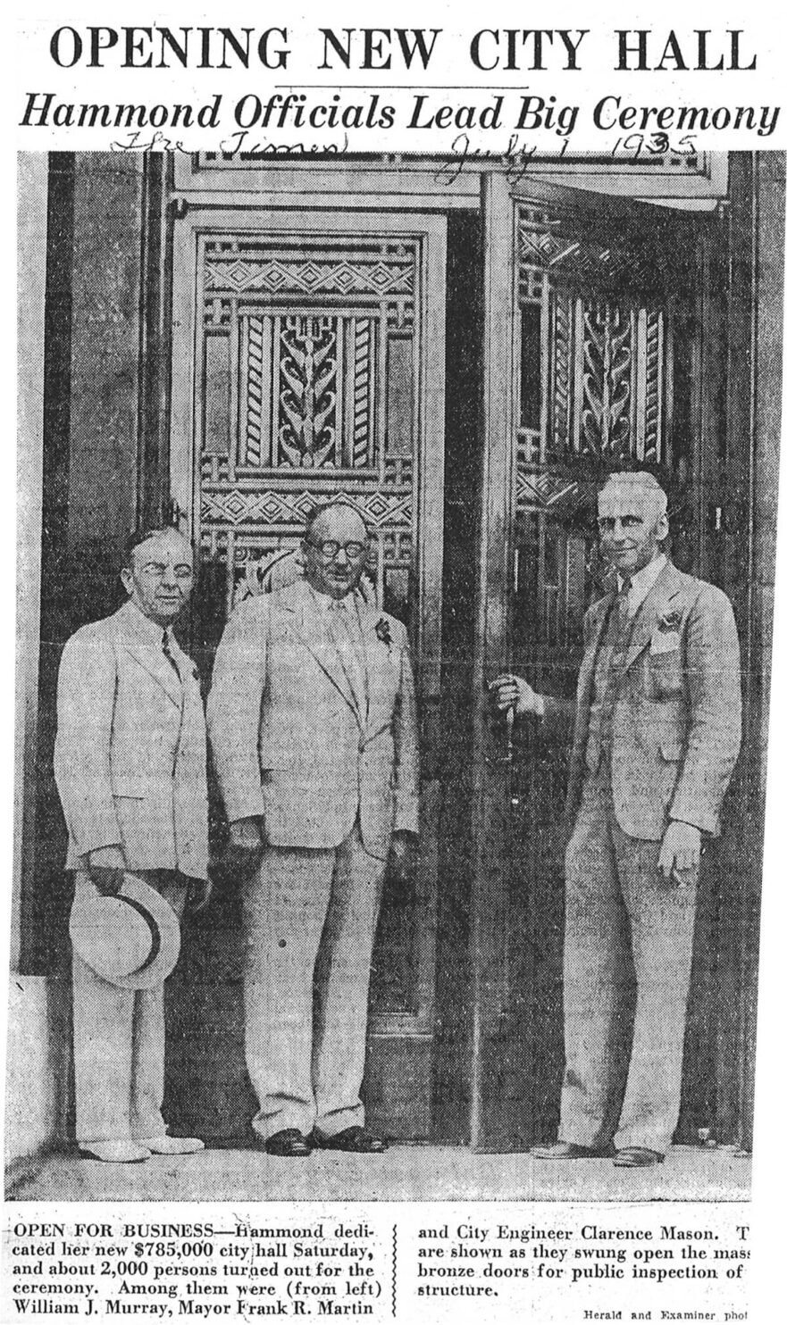 14 Opening day of new City Hall, William J. Murray, Mayor Frank r. Martin and City Engineer Clarence Mason, July 1, 1935.