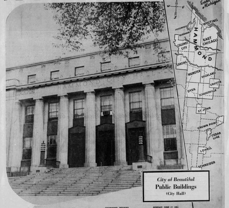 15 West façade of City Hall, detailing the columns, bronze doors, art Deco lighting and grand staircase, circa 1951.
