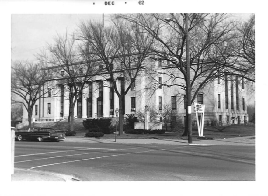 19 The south and west façade of City Hall, note the cannon Iannelli located on front of the southwest corner has been replaced with a War Memorial, circa 1962.