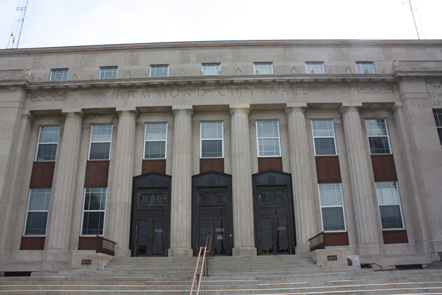 27 Hammond City Hall west façade, note the large bronze door frames that once housed Iannelli’s bronze doors, circa 2022.