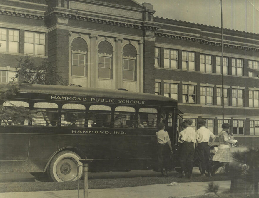 3 Hammond High School with school bus, circa 1922