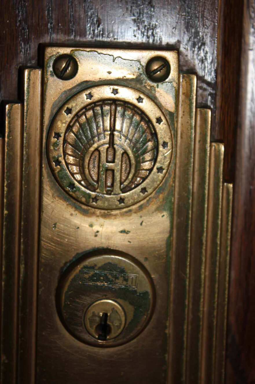 38 One of the many lock sets throughout city hall, note the city emblem is emblazed on it.