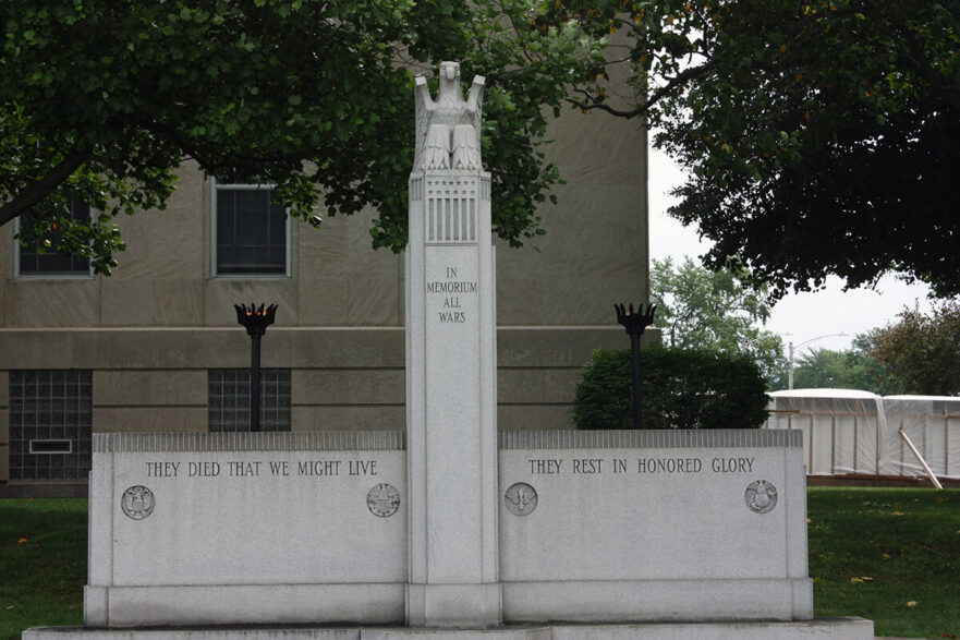 39 War memorial in front of the northwest corner of City Hall, circa 2022.