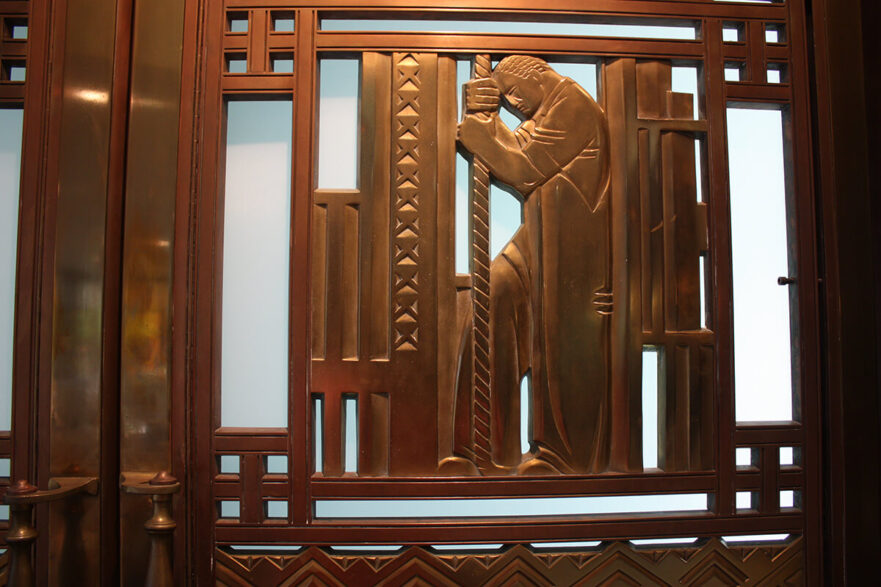 46 A center panel on one of the original Iannelli bronze doors that once hung on the main entrance to Hammond City Hall, now on permanent loan to Purdue University Northwest.
