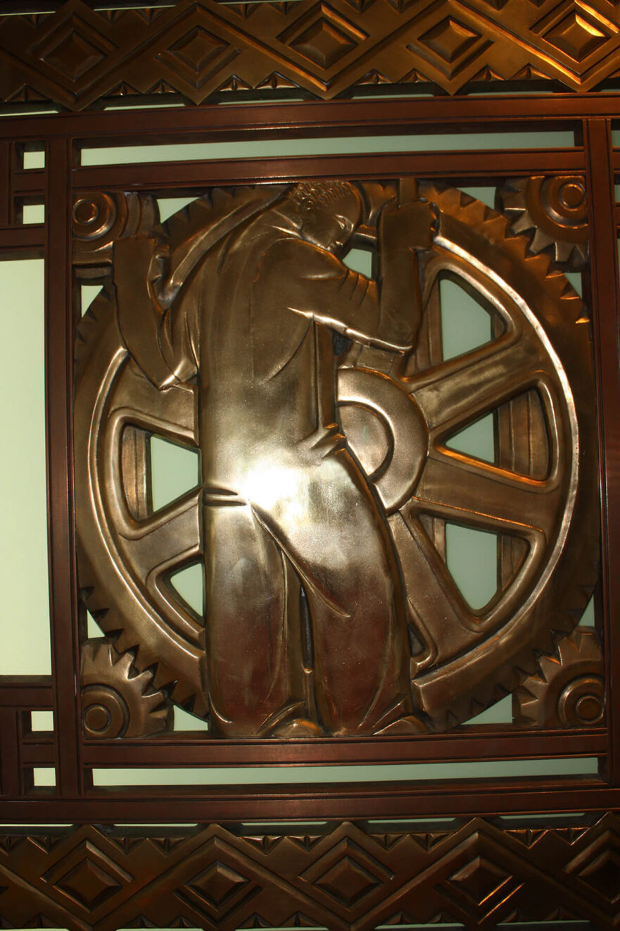 48 A center panel on one of the original Iannelli bronze doors that once hung on the main entrance to Hammond City Hall, now on permanent loan to Purdue University Northwest.