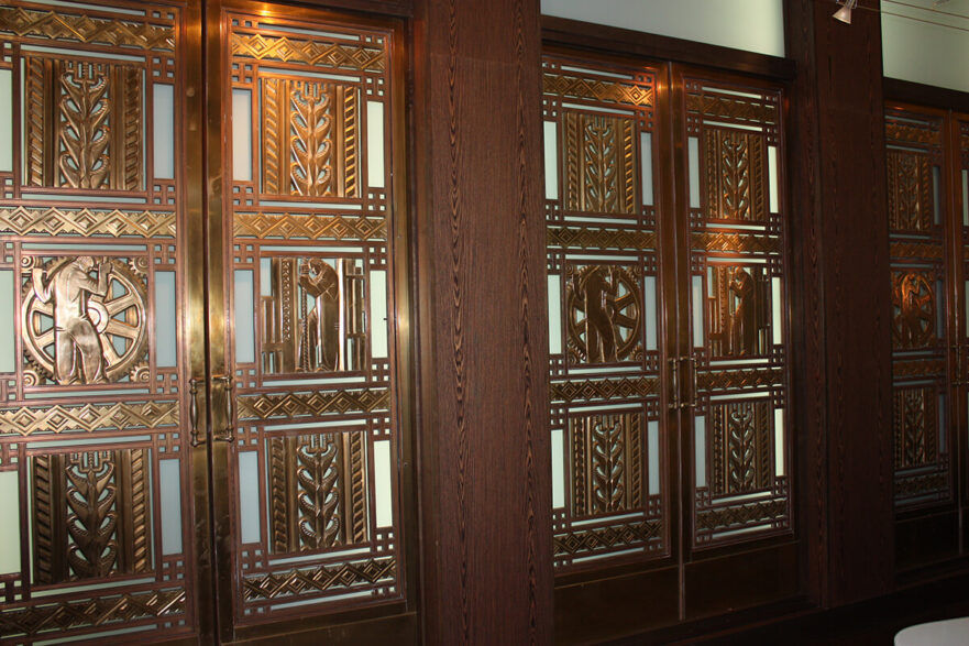 49 Six original Iannelli bronze doors that once hung on the main entrance to Hammond City Hall, now on permanent loan to Purdue University Northwest.
