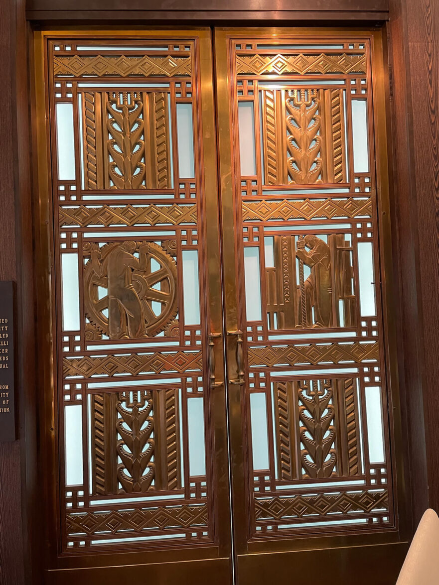50 A pair of Iannelli bronze doors that once hung on the main entrance to Hammond City Hall, now on permanent loan to Purdue University Northwest.