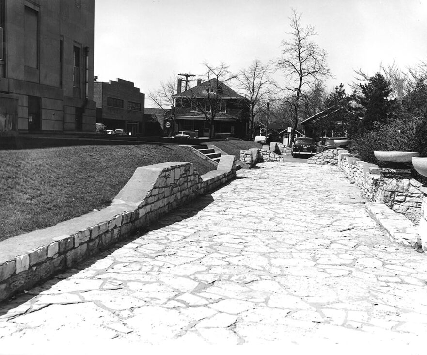 7 Flagstone walk, retaining walls and urns, circa 1960.